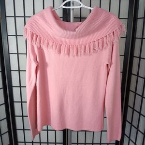 CRYSTAL KOBE Women's Pink Pullover Cowl Fringe Neck Collar L/S Sweater Medium